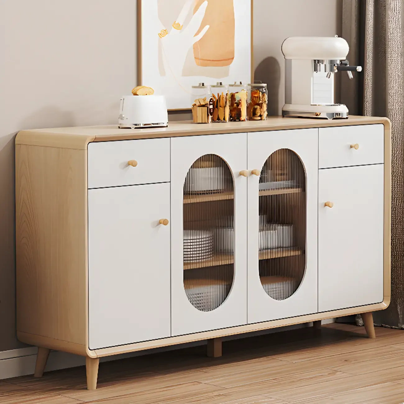 Meuble moderne à finition naturelle avec étagère extérieure et tiroirs