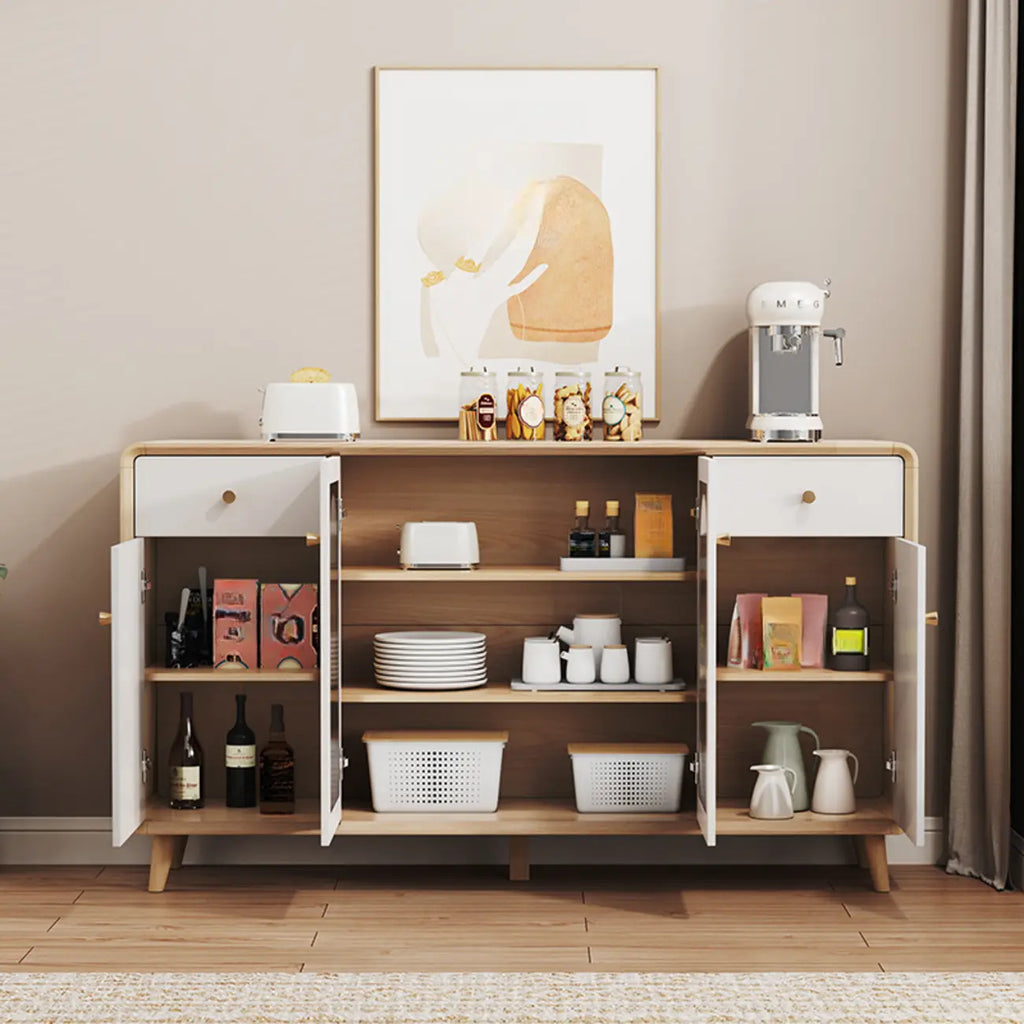 Meuble moderne à finition naturelle avec étagère extérieure et tiroirs