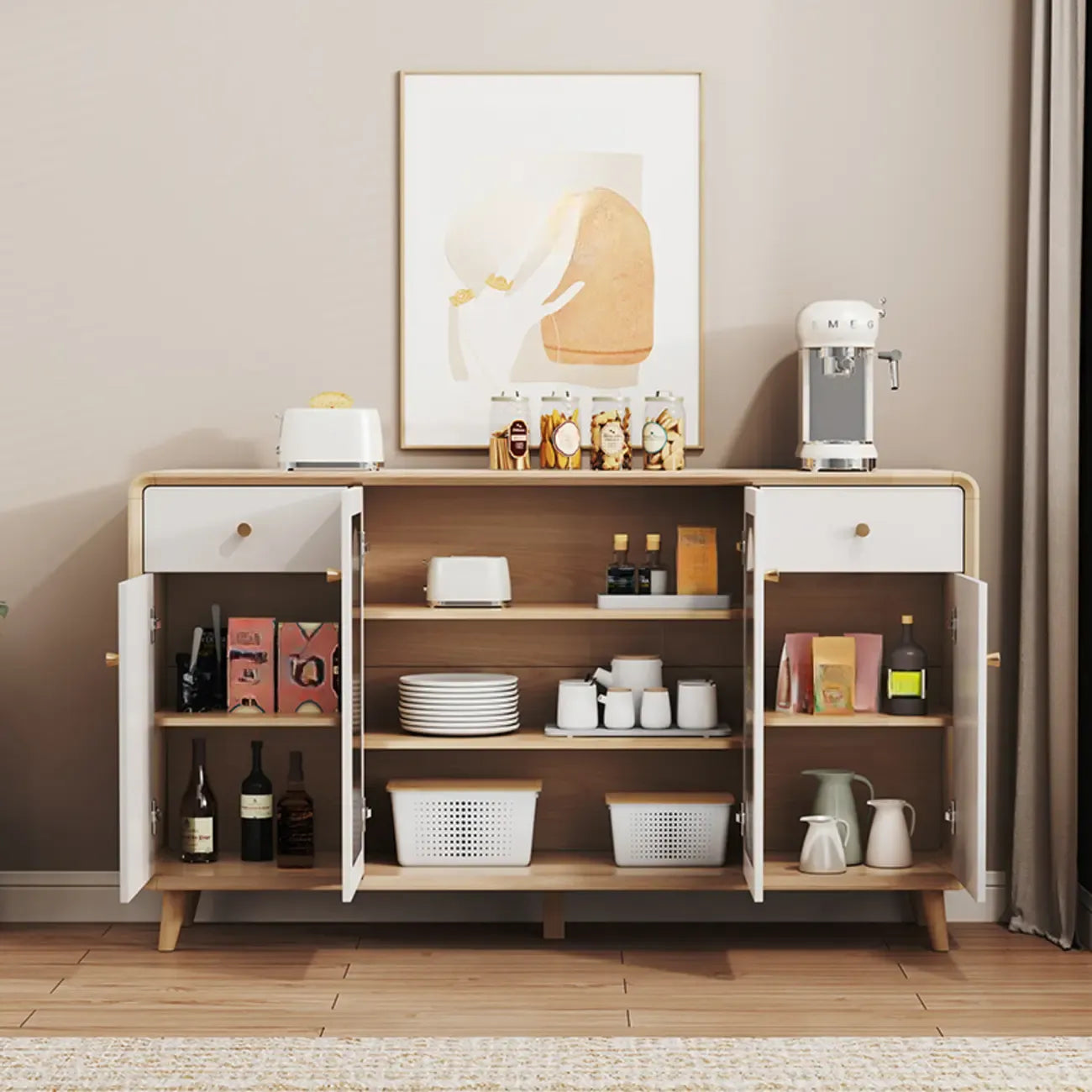 Meuble moderne à finition naturelle avec étagère extérieure et tiroirs