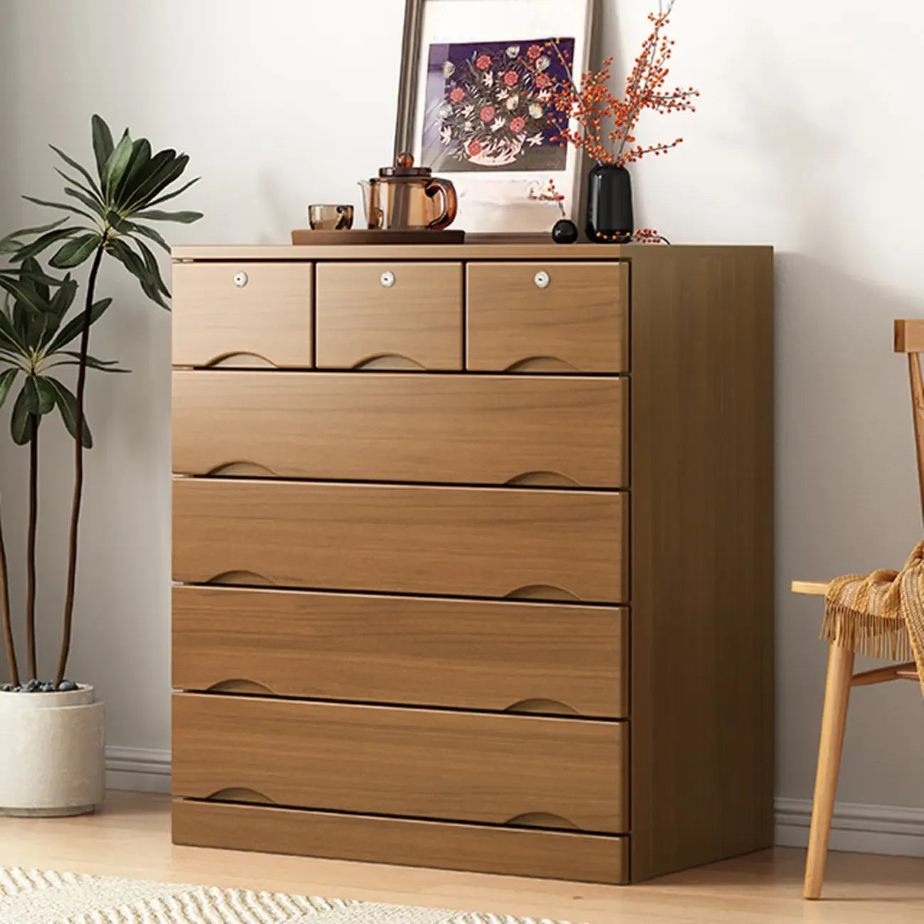Commode industrielle en bois massif à 5 tiroirs pour chambre à coucher