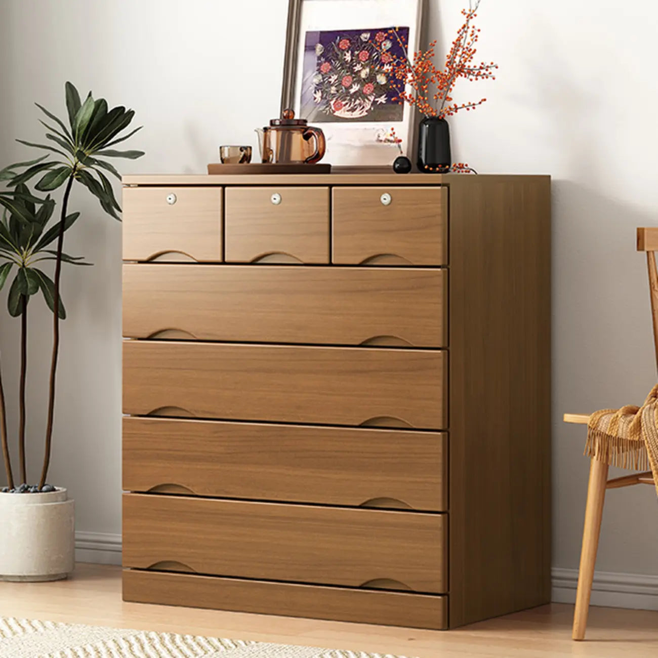 Commode industrielle en bois massif à 5 tiroirs pour chambre à coucher