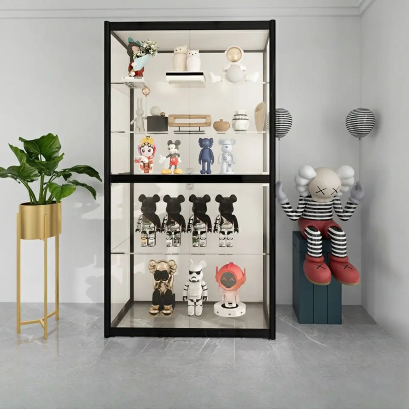 Vitrine à cadre en métal noir et étagère en verre transparent