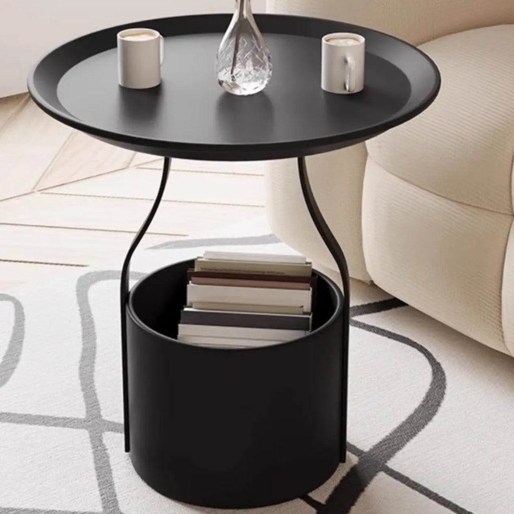 Table d'appoint noire avec plateau en métal et rangement pour salon