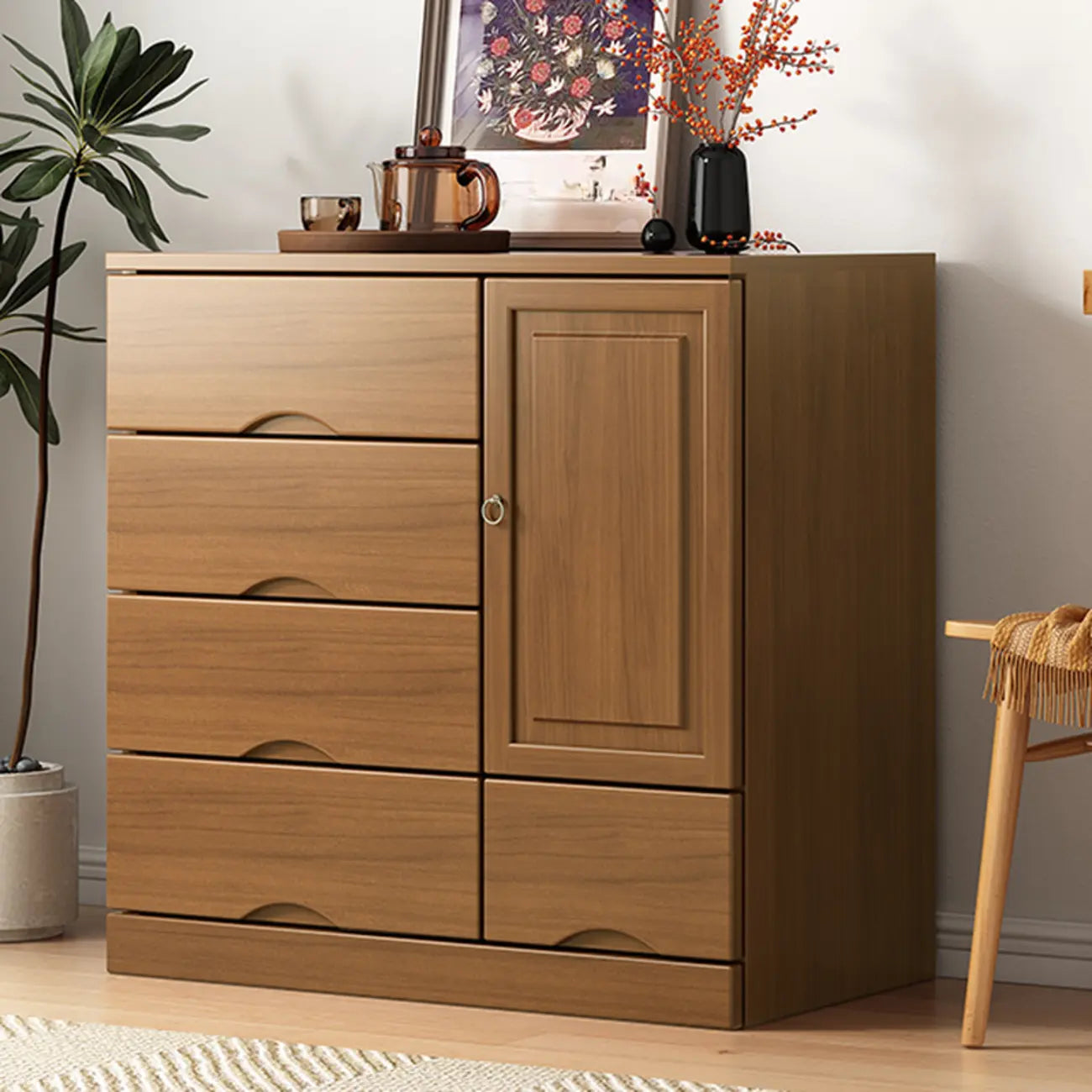 Commode industrielle en bois massif à 5 tiroirs pour chambre à coucher