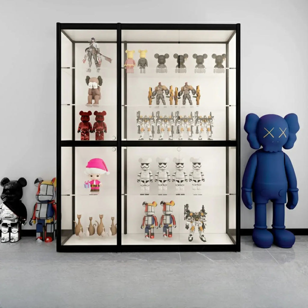 Vitrine à cadre en métal noir et étagère en verre transparent