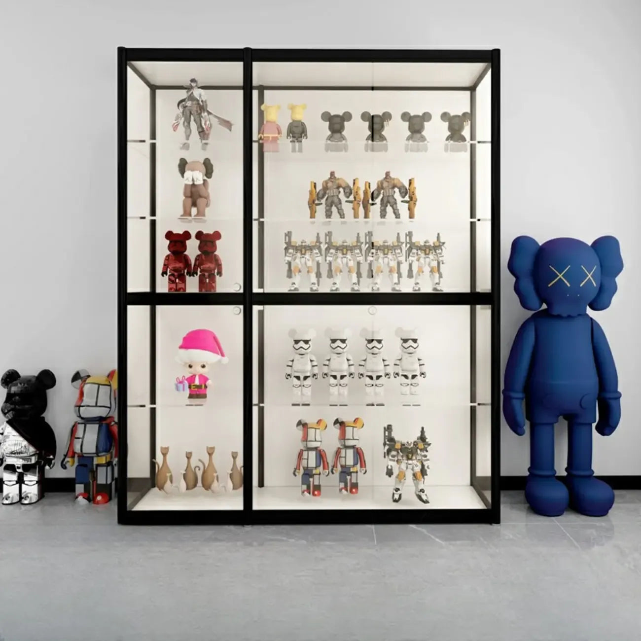 Vitrine à cadre en métal noir et étagère en verre transparent