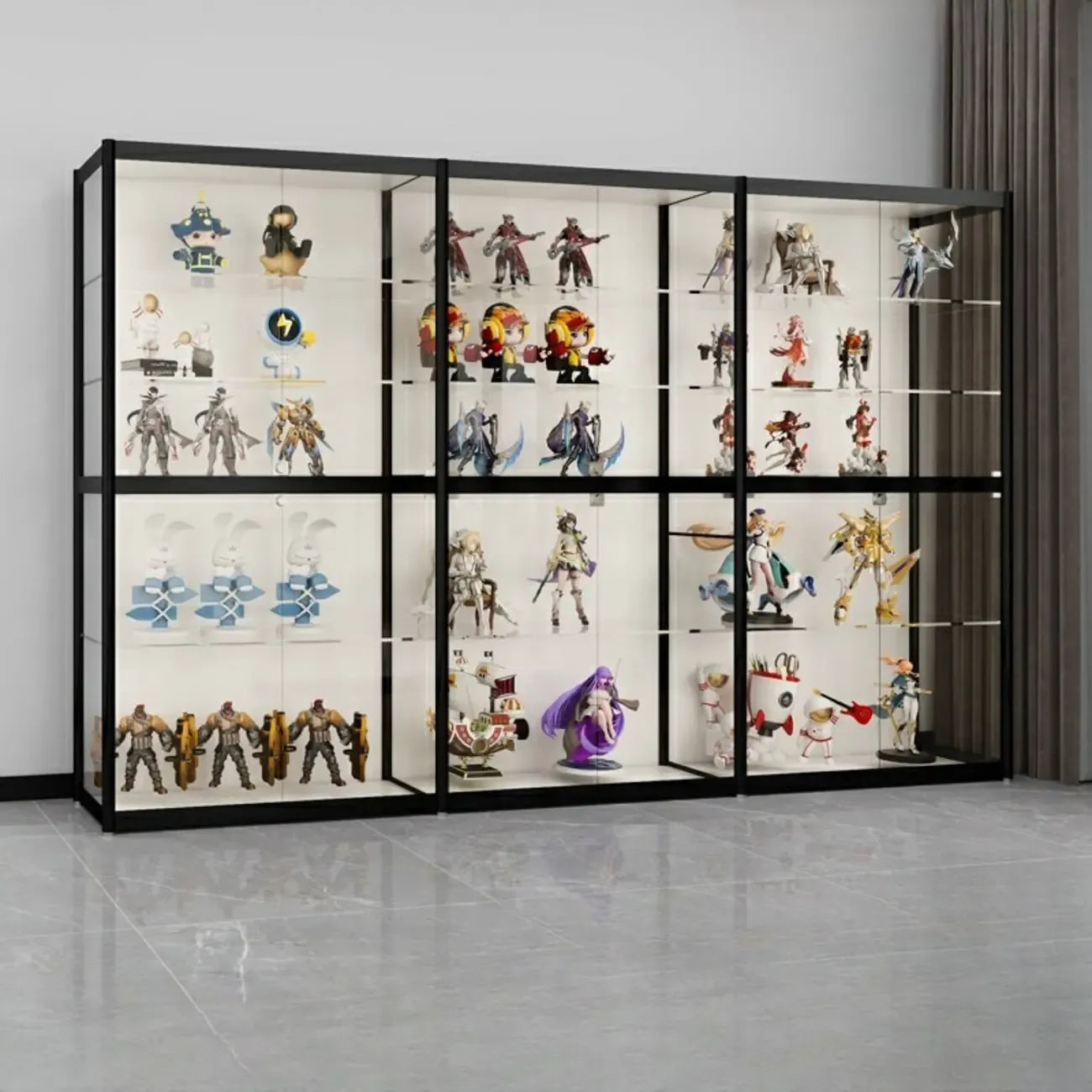 Vitrine à cadre en métal noir et étagère en verre transparent