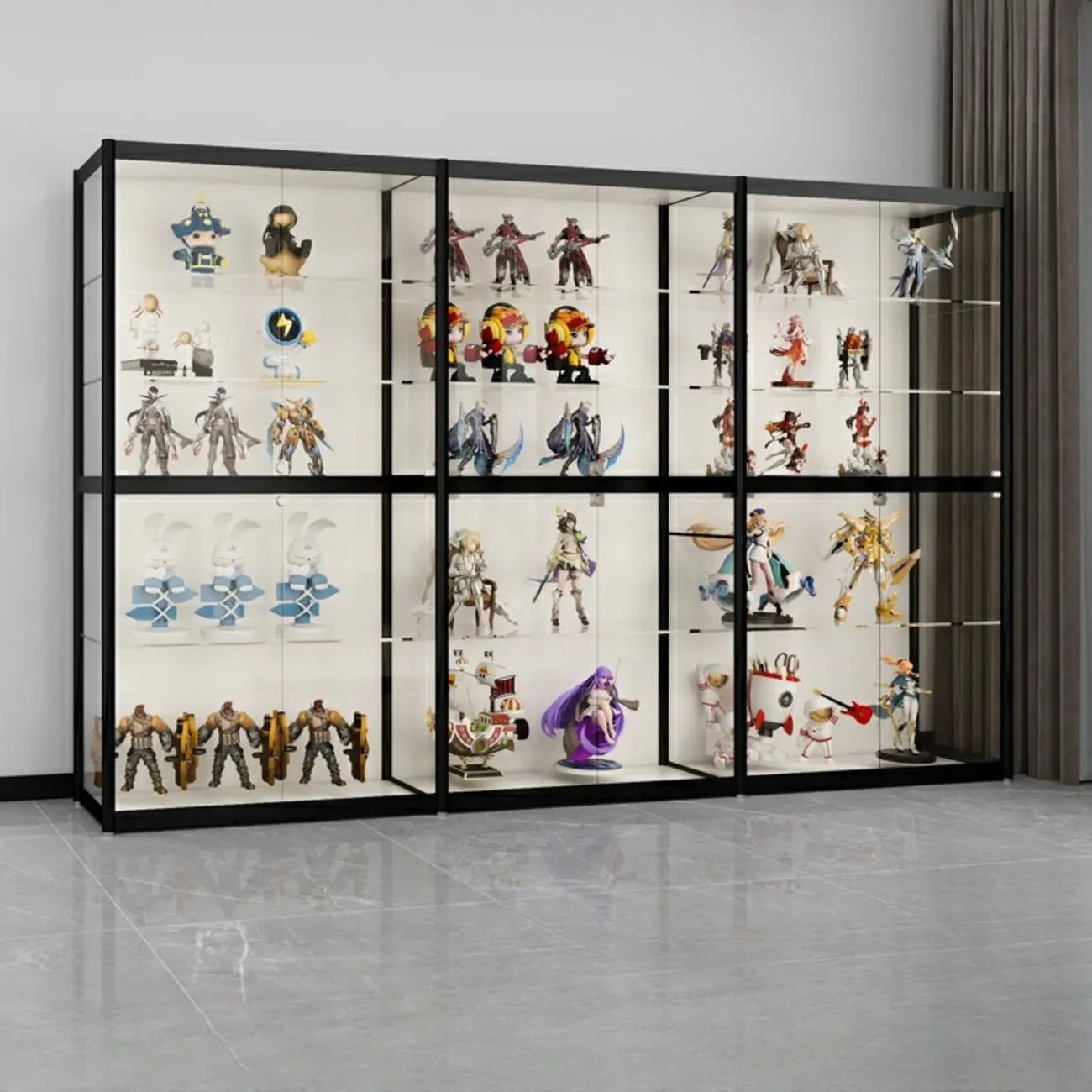 Vitrine à cadre en métal noir et étagère en verre transparent