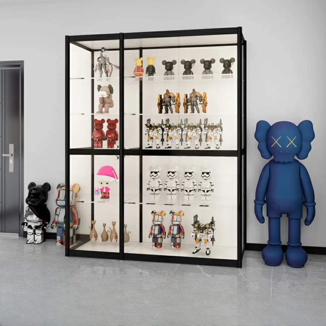Vitrine à cadre en métal noir et étagère en verre transparent