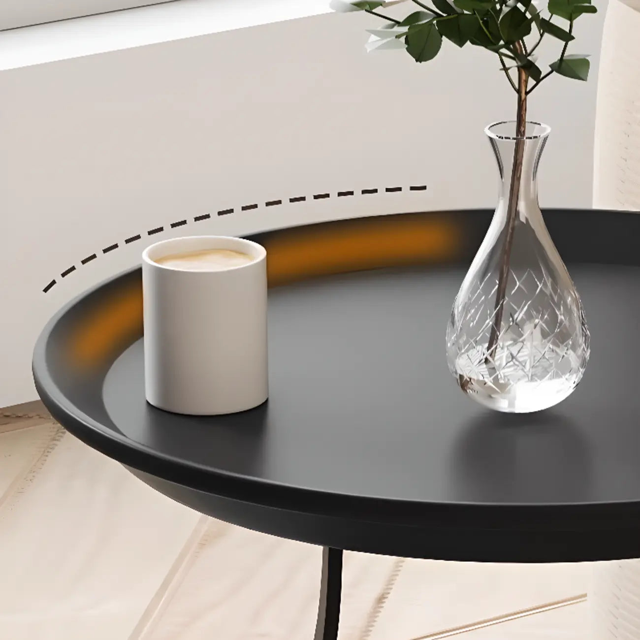 Table d'appoint noire avec plateau en métal et rangement pour salon