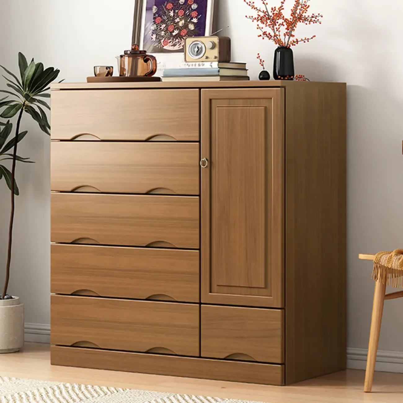 Commode industrielle en bois massif à 5 tiroirs pour chambre à coucher