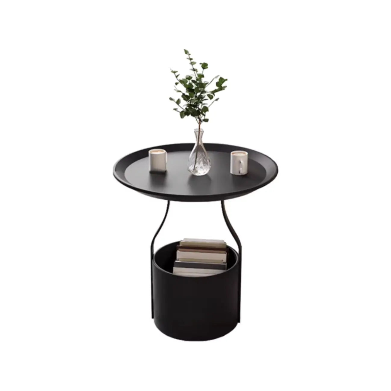 Table d'appoint noire avec plateau en métal et rangement pour salon