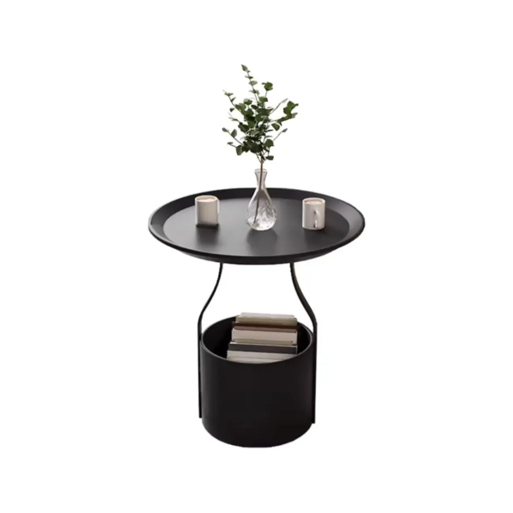 Table d'appoint noire avec plateau en métal et rangement pour salon