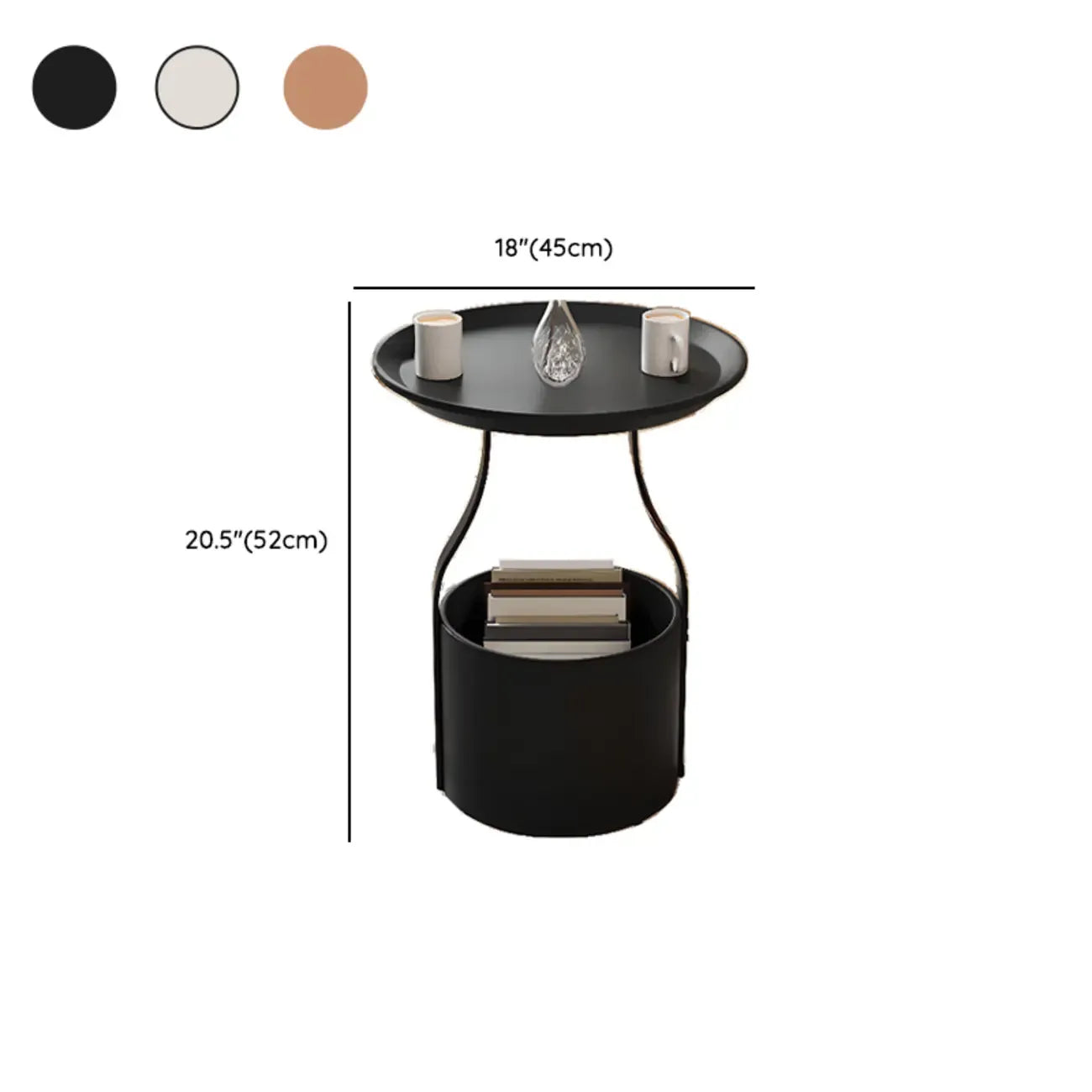 Table d'appoint noire avec plateau en métal et rangement pour salon
