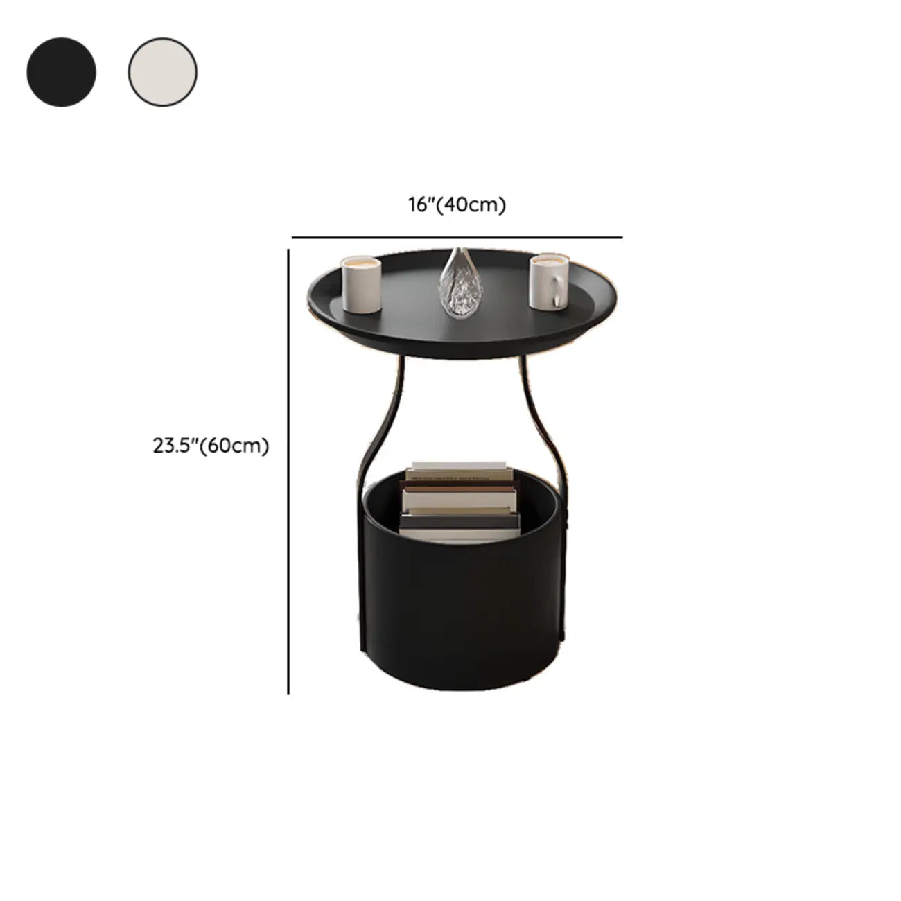 Table d'appoint noire avec plateau en métal et rangement pour salon