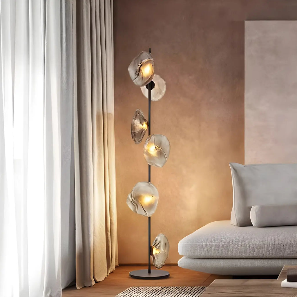 Lampada da terra geometrica Art Déco a 6 luci in vetro trasparente Nera/Oro