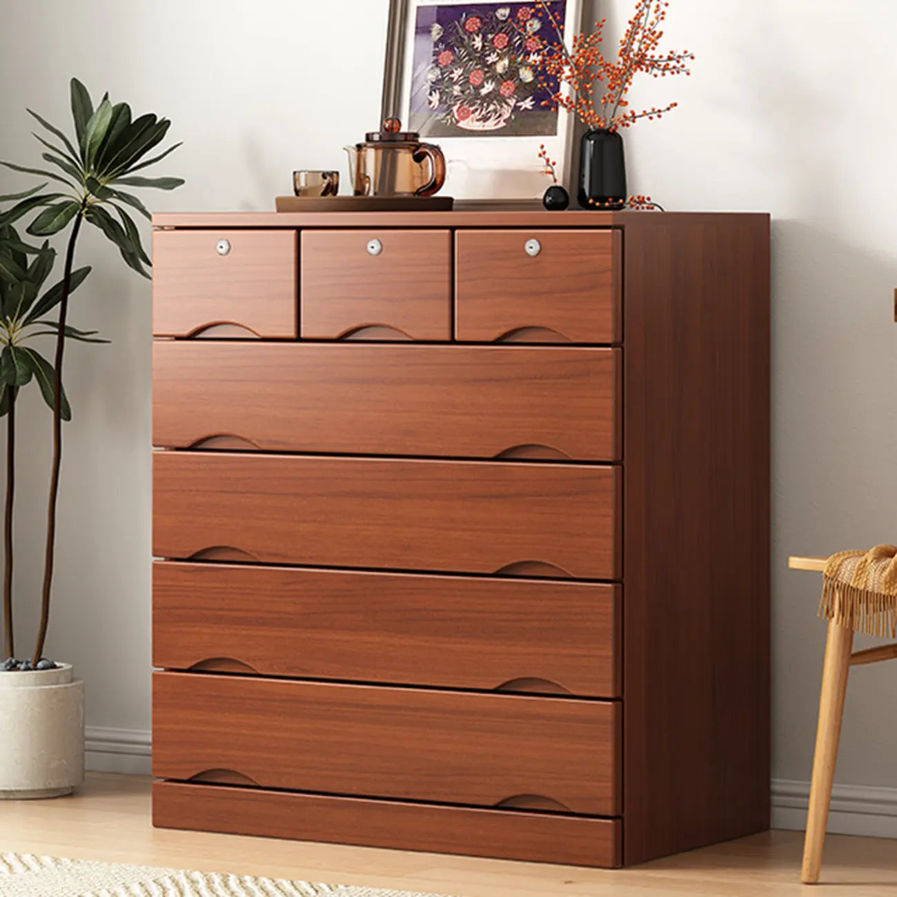 Commode industrielle en bois massif à 5 tiroirs pour chambre à coucher