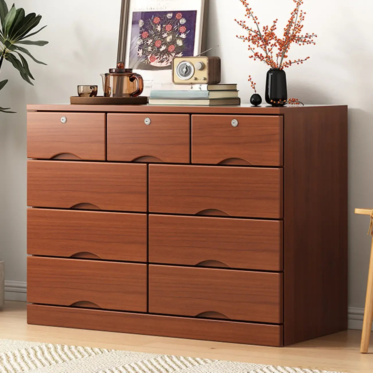 Commode industrielle en bois massif à 5 tiroirs pour chambre à coucher