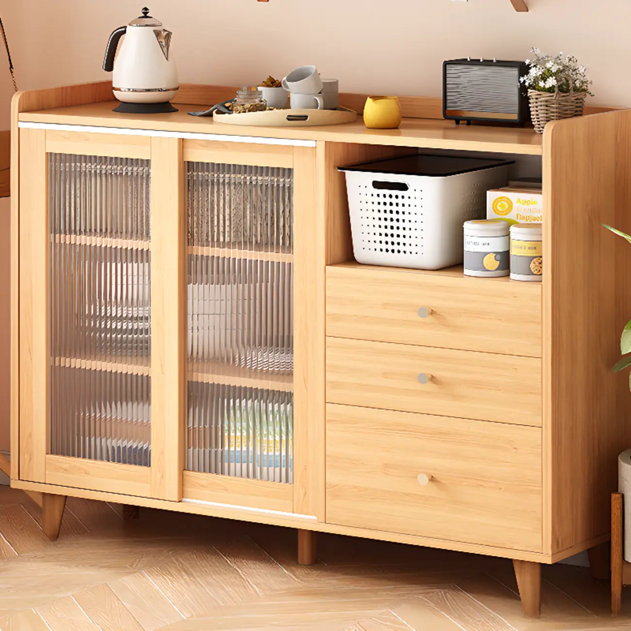 Meuble indépendant marron avec porte coulissante et étagère extérieure