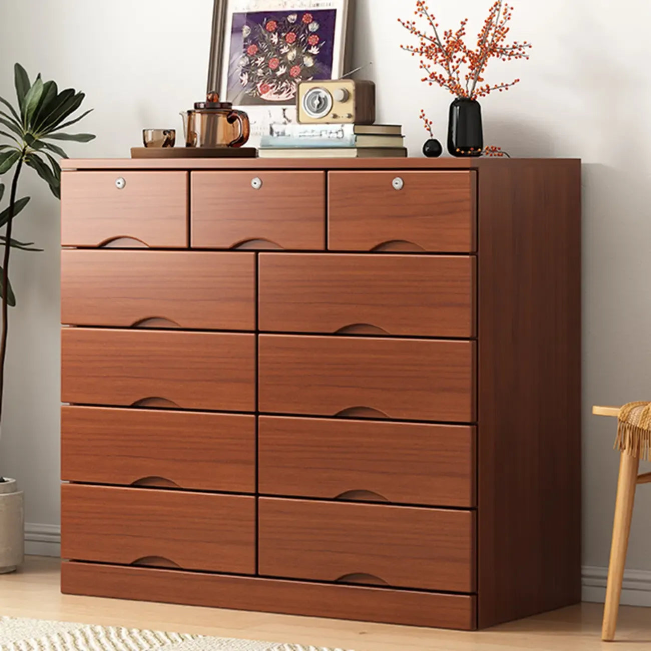 Commode industrielle en bois massif à 5 tiroirs pour chambre à coucher