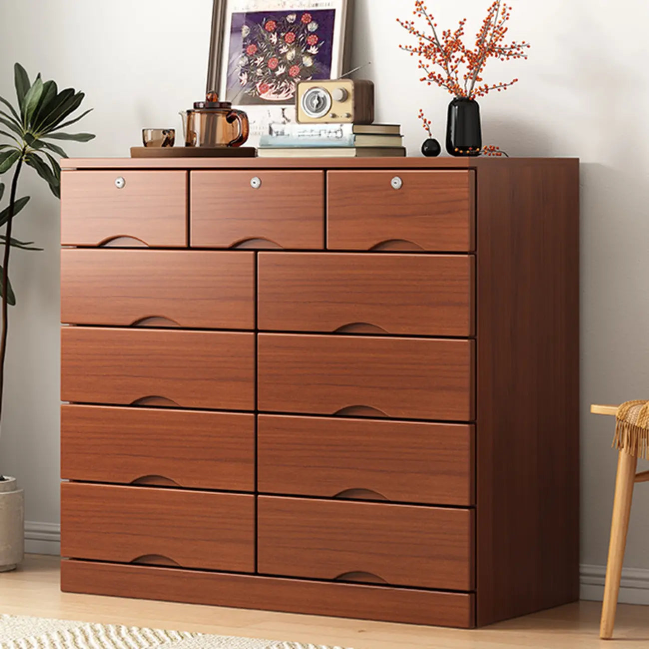 Commode industrielle en bois massif à 5 tiroirs pour chambre à coucher