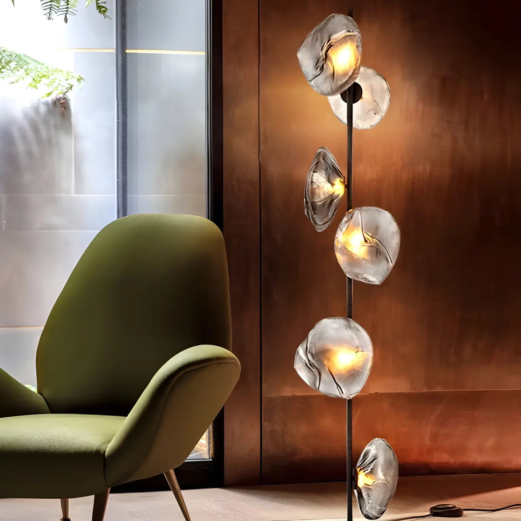 Lampada da terra geometrica Art Déco a 6 luci in vetro trasparente Nera/Oro