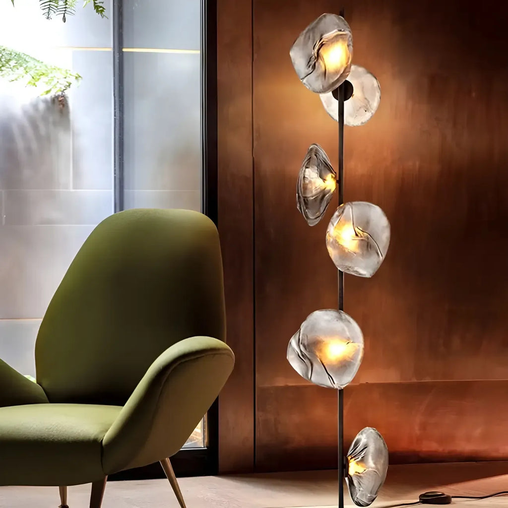 Lampada da terra geometrica Art Déco a 6 luci in vetro trasparente Nera/Oro