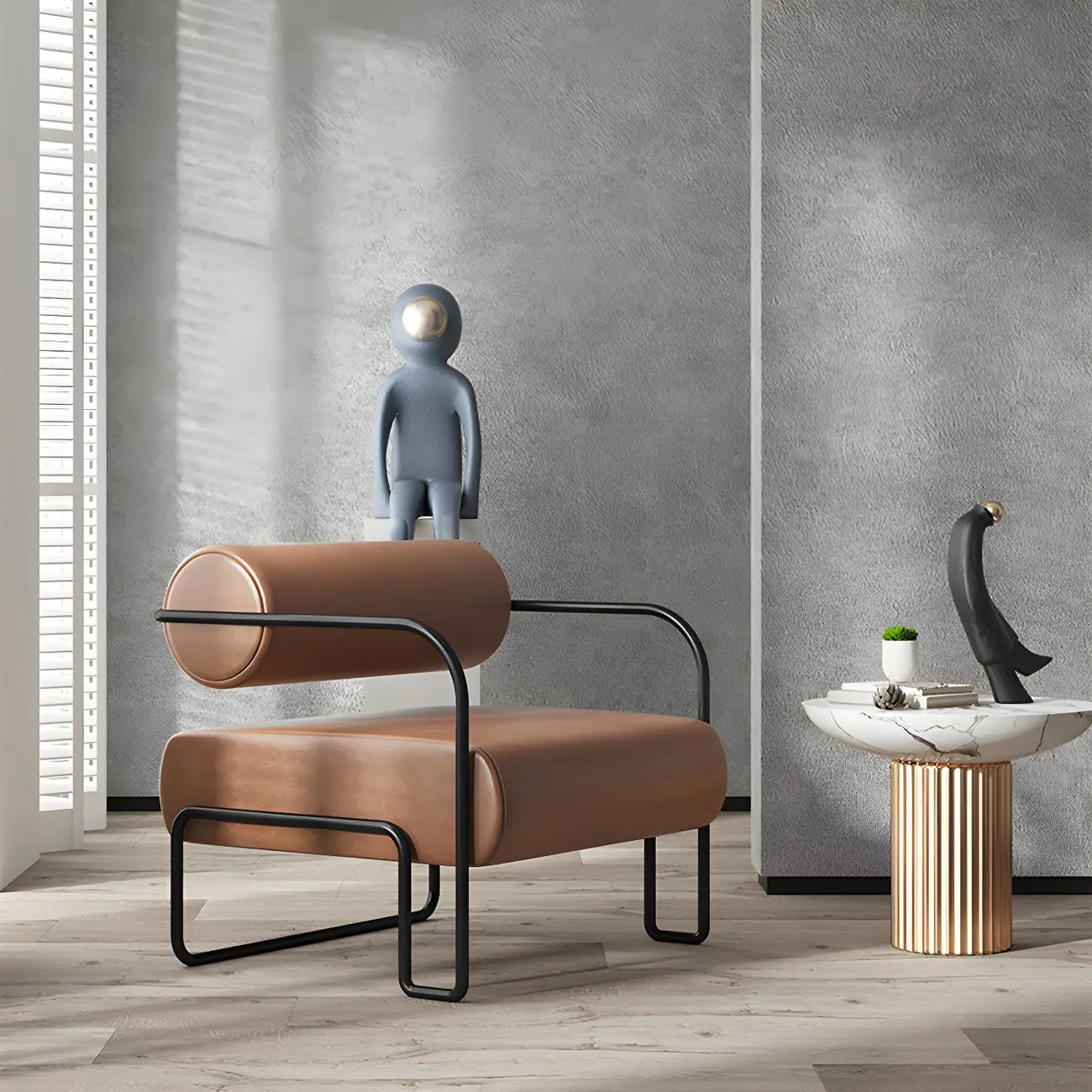 Fauteuil d'appoint industriel en cuir/velours avec structure en métal