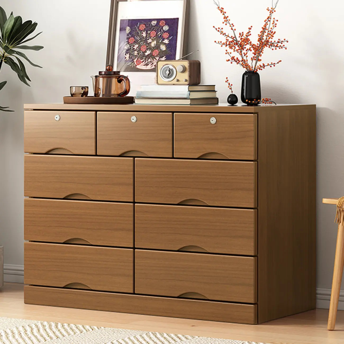 Commode industrielle en bois massif à 5 tiroirs pour chambre à coucher
