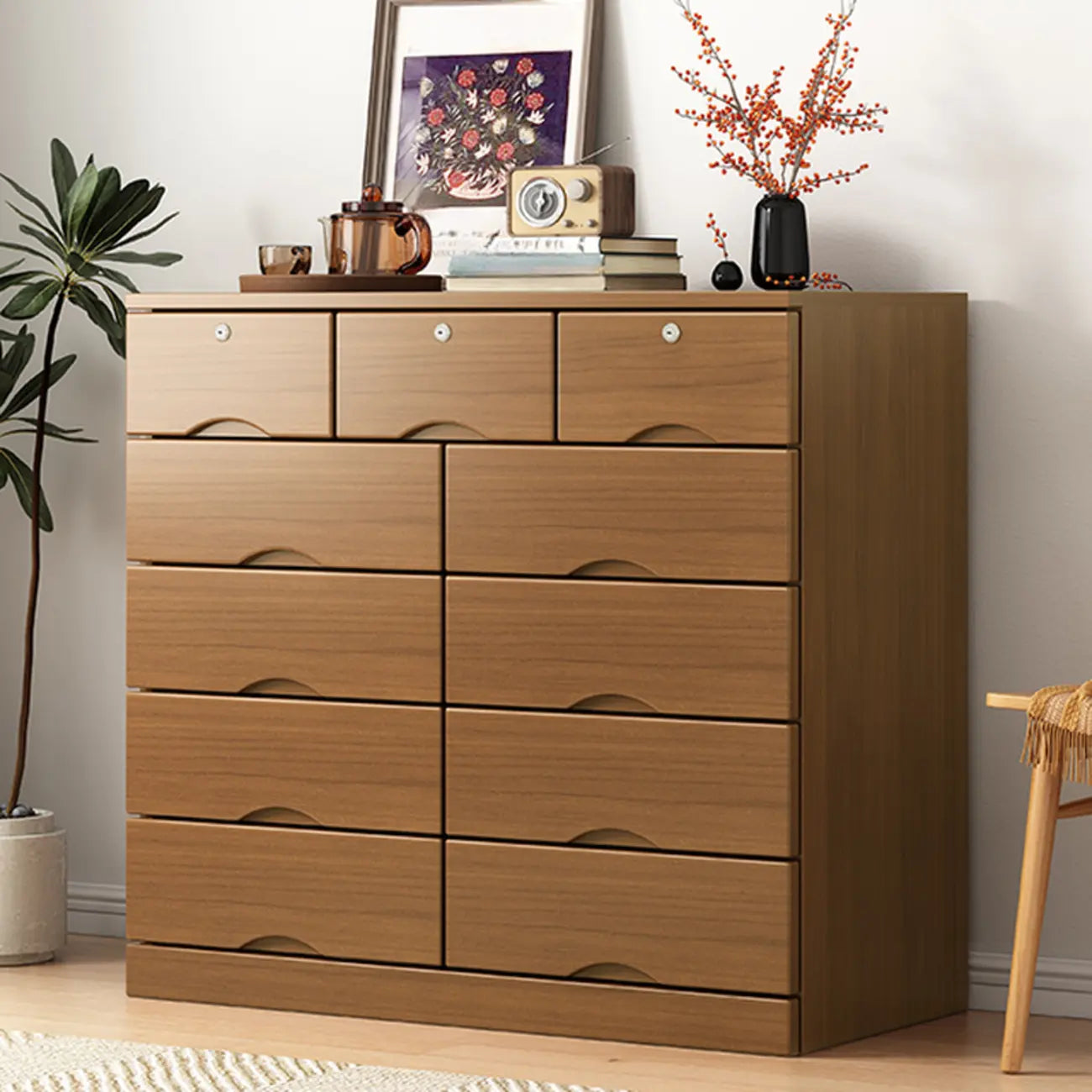 Commode industrielle en bois massif à 5 tiroirs pour chambre à coucher