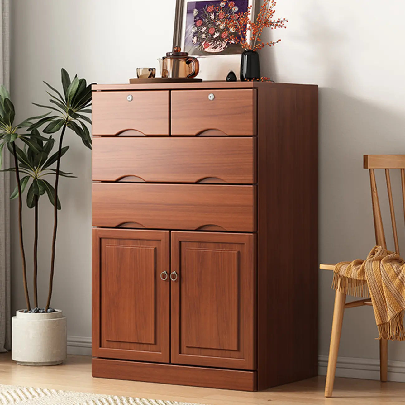 Commode industrielle en bois massif à 5 tiroirs pour chambre à coucher