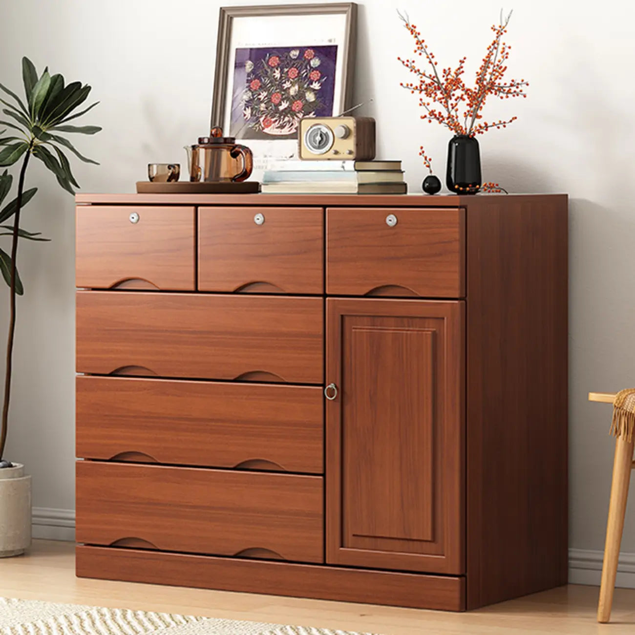 Commode industrielle en bois massif à 5 tiroirs pour chambre à coucher