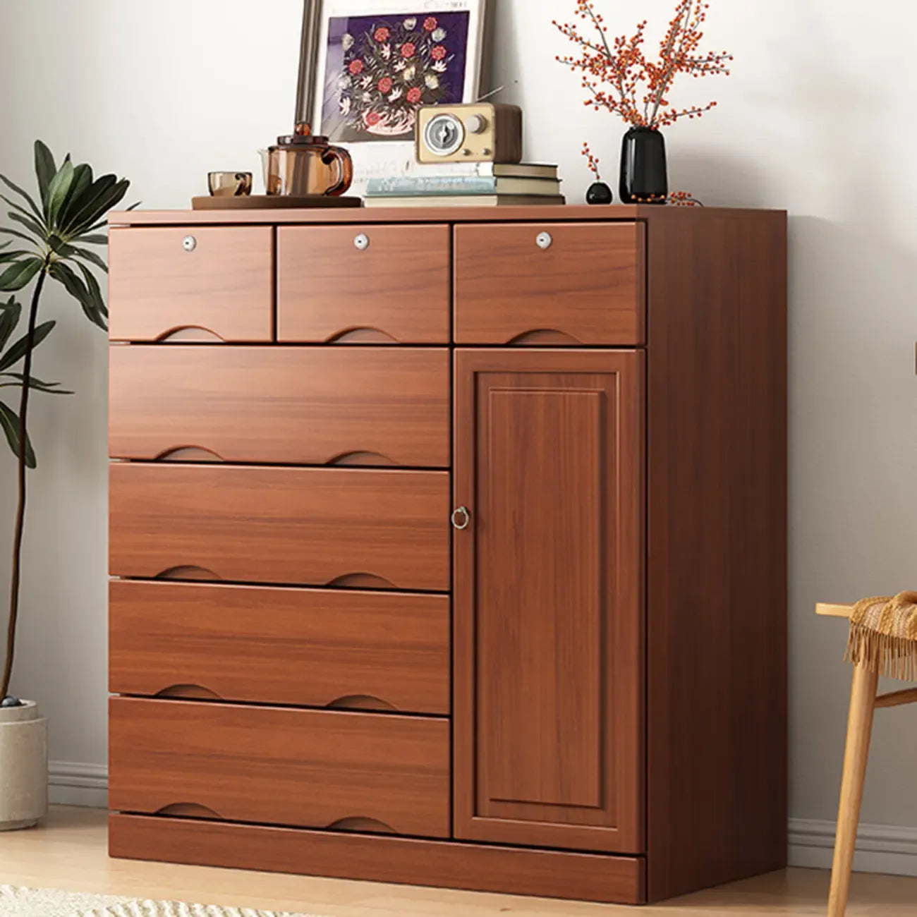 Commode industrielle en bois massif à 5 tiroirs pour chambre à coucher
