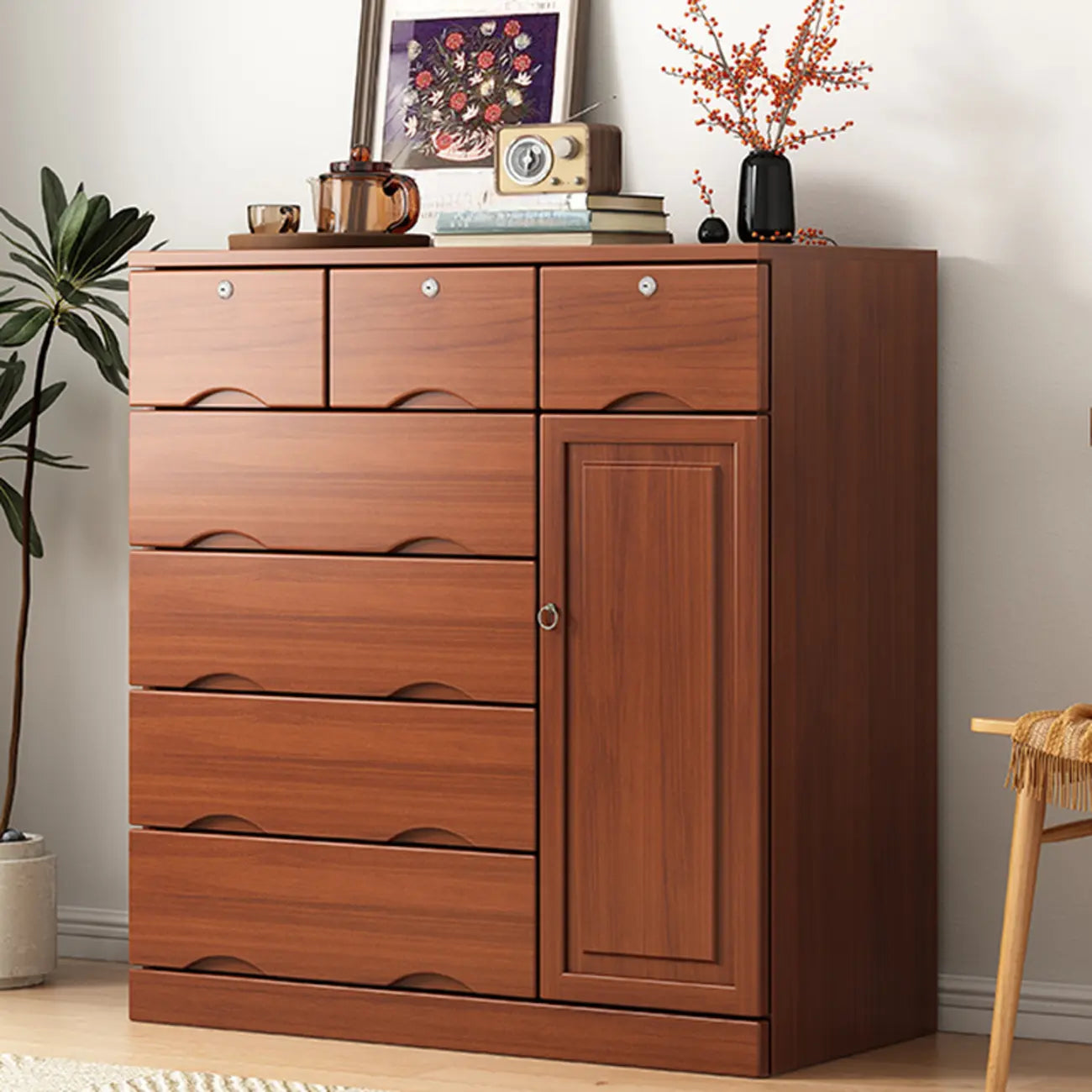 Commode industrielle en bois massif à 5 tiroirs pour chambre à coucher