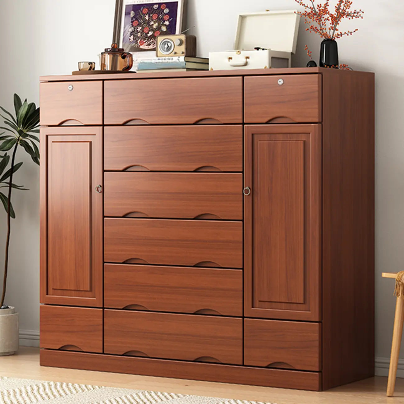 Commode industrielle en bois massif à 5 tiroirs pour chambre à coucher