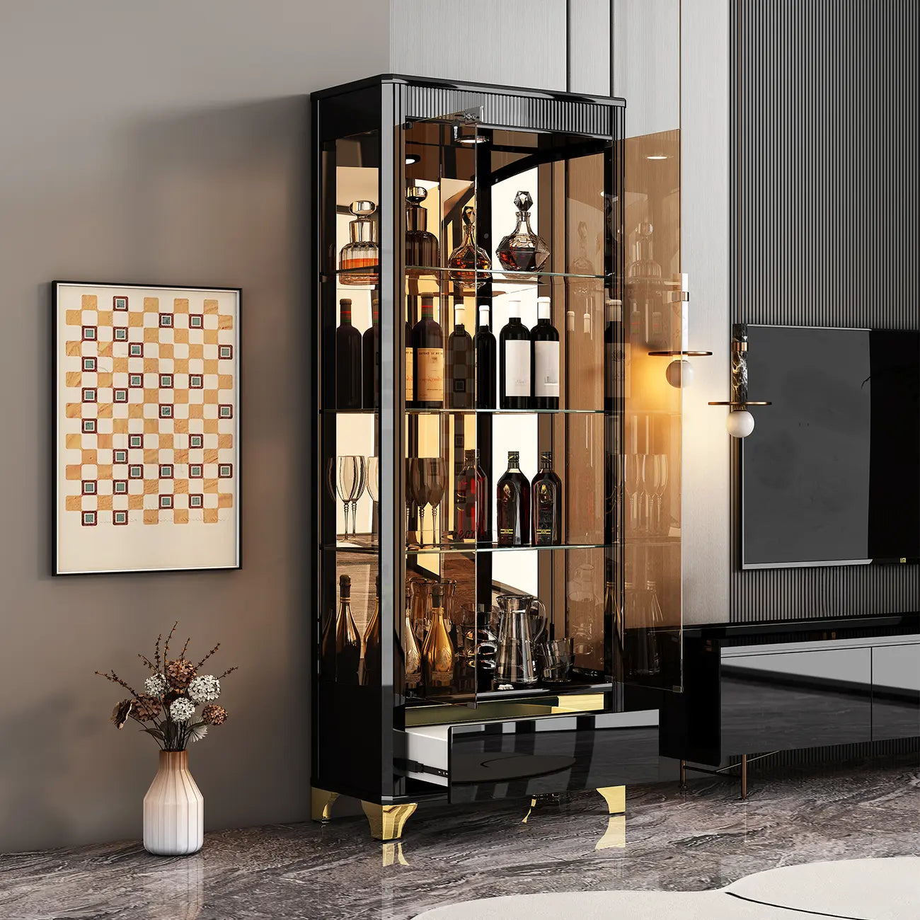 Élégante vitrine en verre noir transparent avec tiroirs