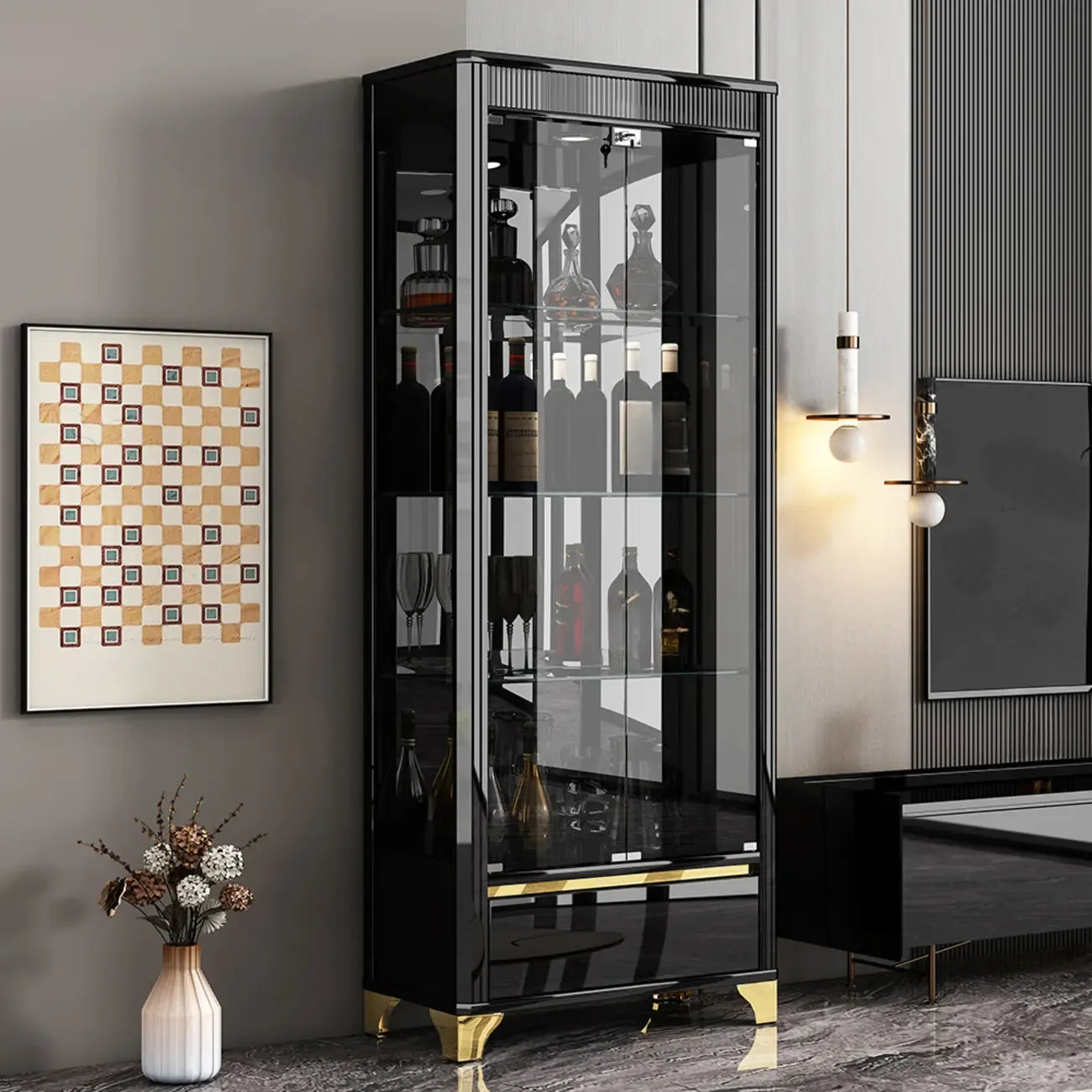 Élégante vitrine en verre noir transparent avec tiroirs
