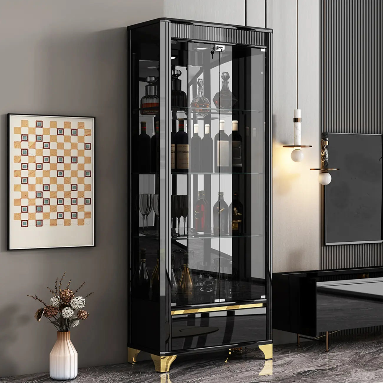 Élégante vitrine en verre noir transparent avec tiroirs