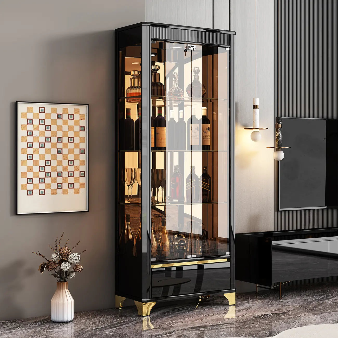 Élégante vitrine en verre noir transparent avec tiroirs