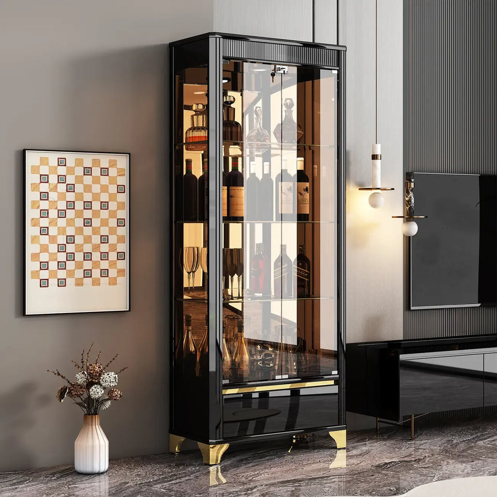 Élégante vitrine en verre noir transparent avec tiroirs