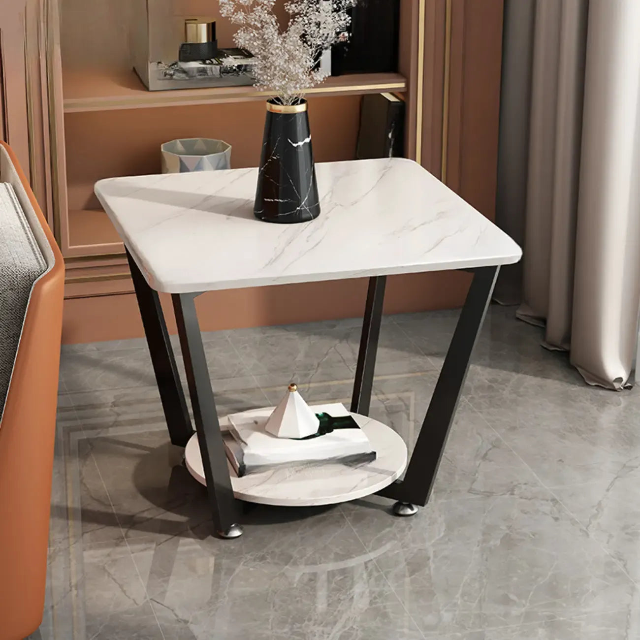 Table d'appoint moderne carrée en marbre gris avec rangement