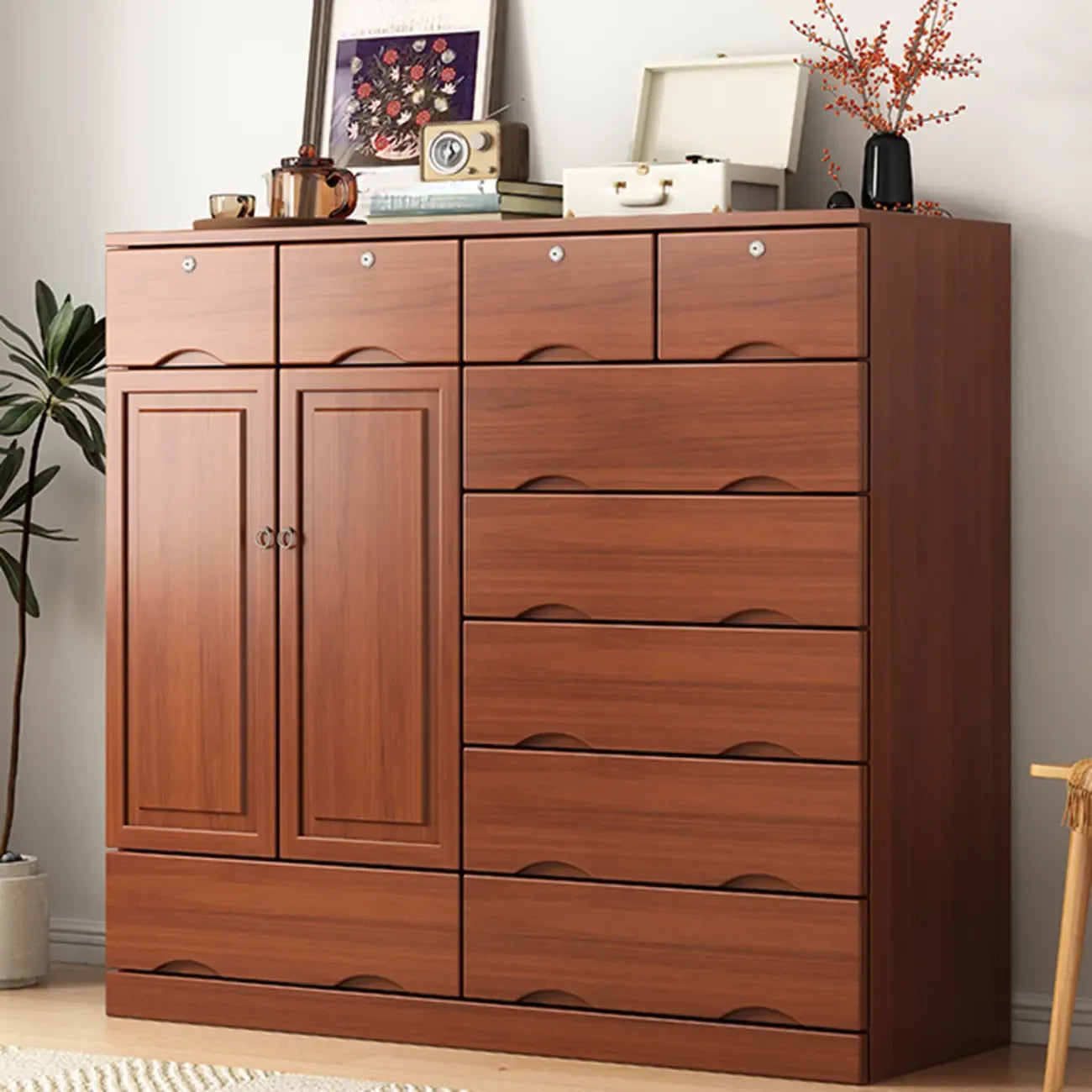 Commode industrielle en bois massif à 5 tiroirs pour chambre à coucher