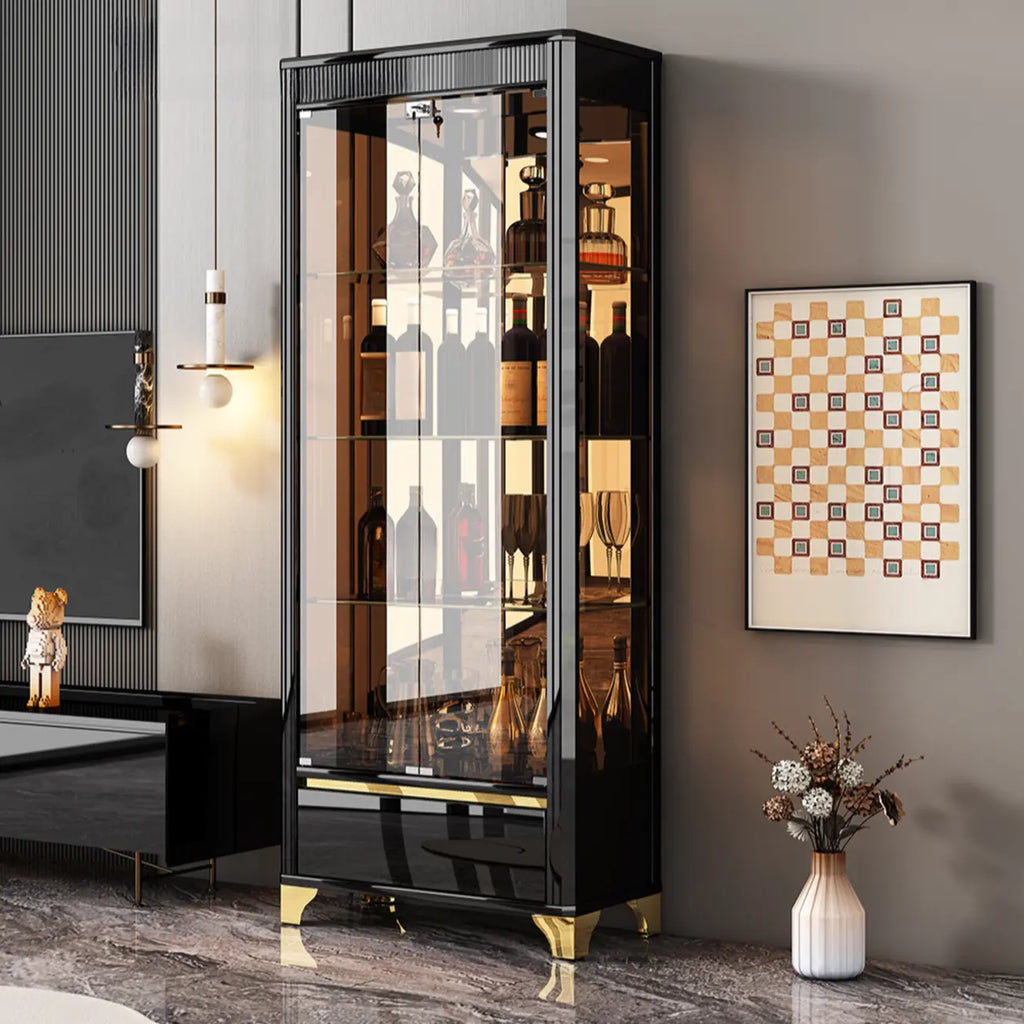 Élégante vitrine en verre noir transparent avec tiroirs