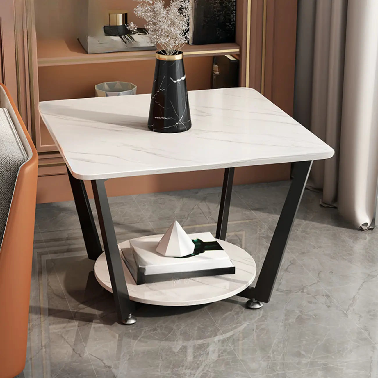 Table d'appoint moderne carrée en marbre gris avec rangement