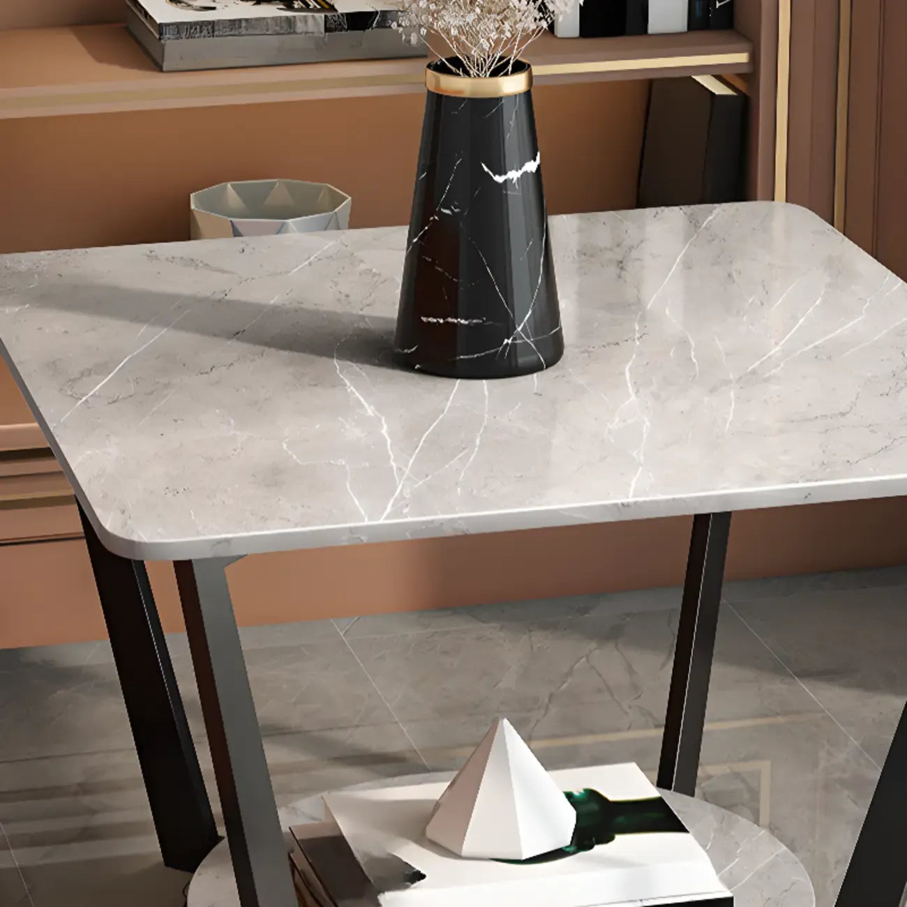 Table d'appoint moderne carrée en marbre gris avec rangement