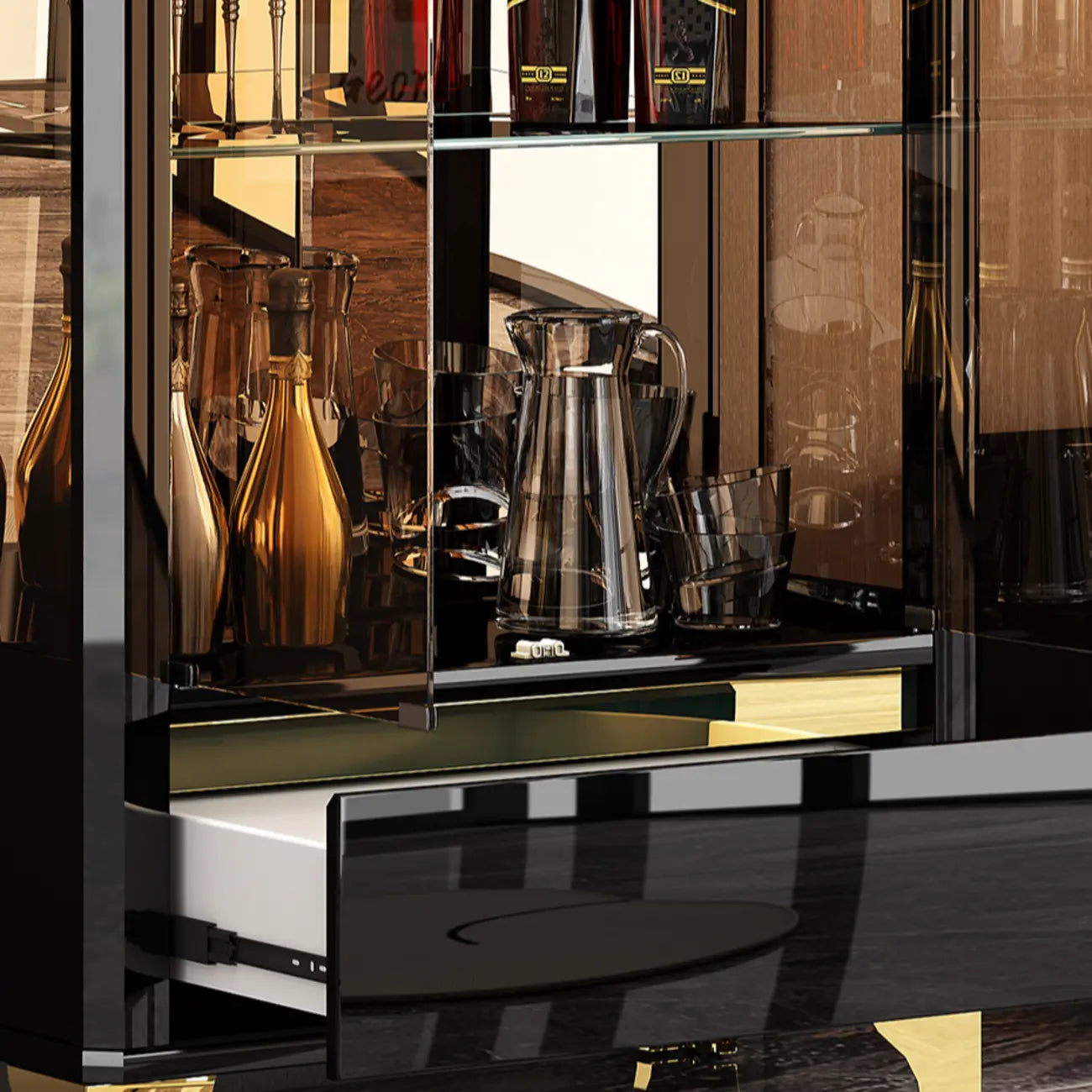 Élégante vitrine en verre noir transparent avec tiroirs
