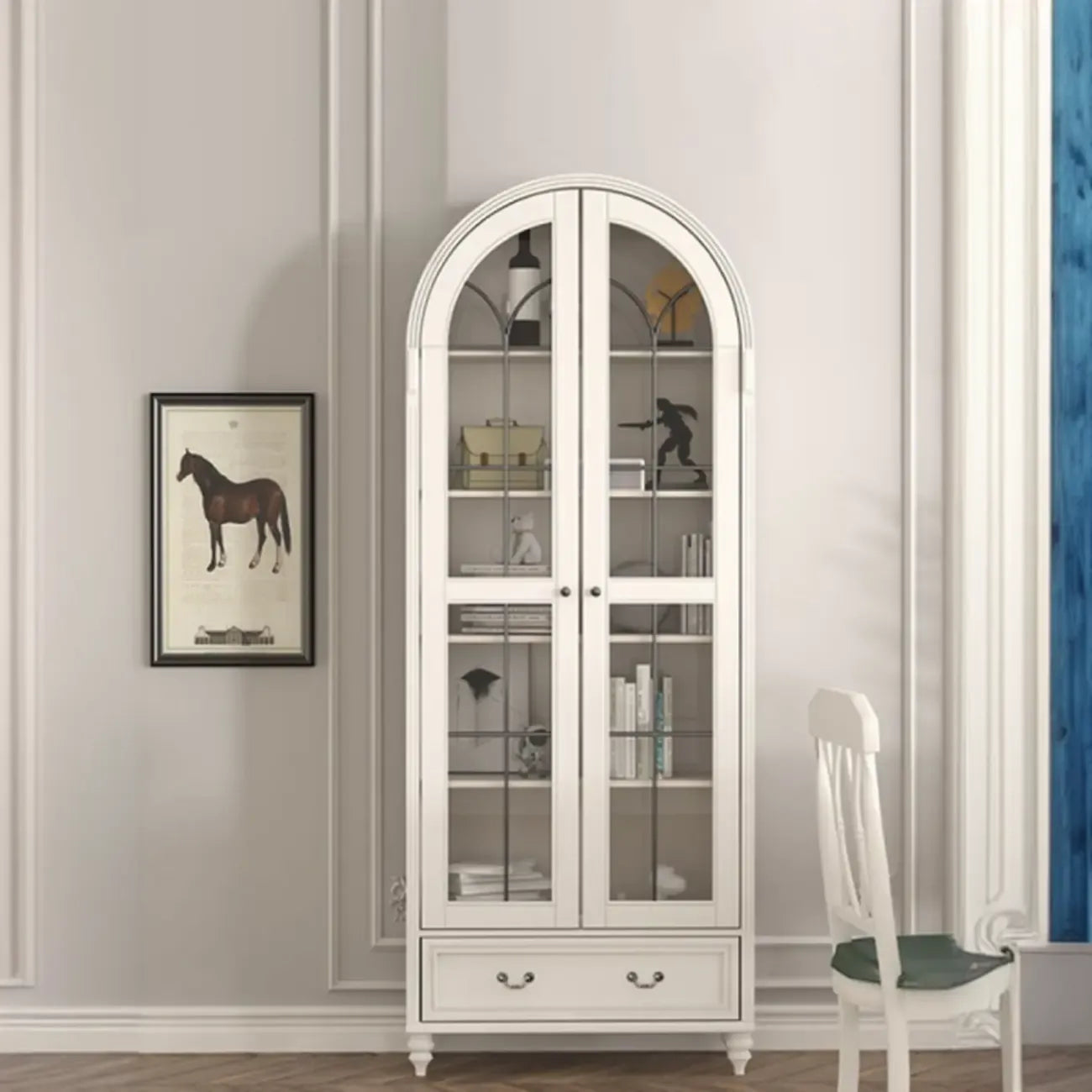 Mobile Espositore Contenitore in Legno Bianco con Ante ad Arco in Vetro