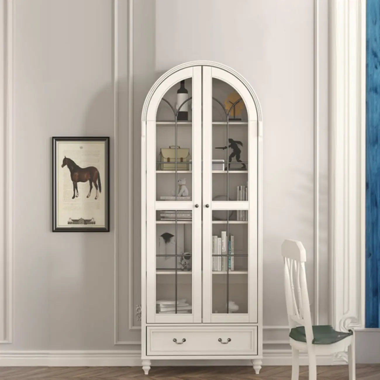 Mobile Espositore Contenitore in Legno Bianco con Ante ad Arco in Vetro