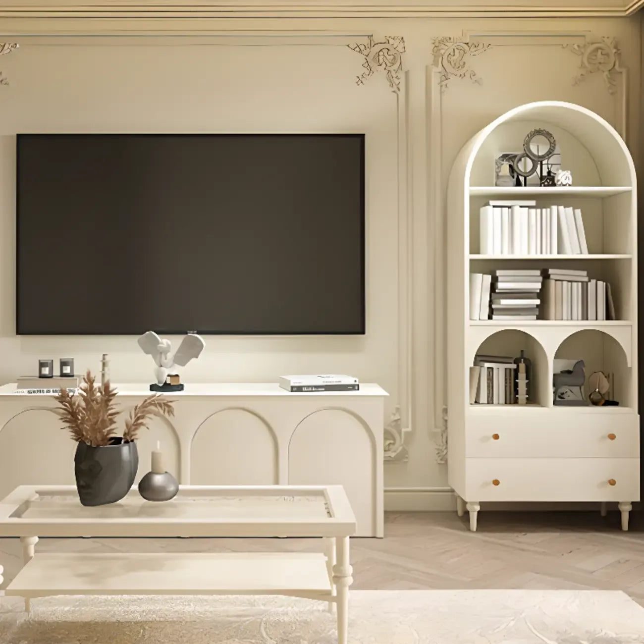 Mobile Espositore Contenitore in Legno Bianco con Ante ad Arco in Vetro
