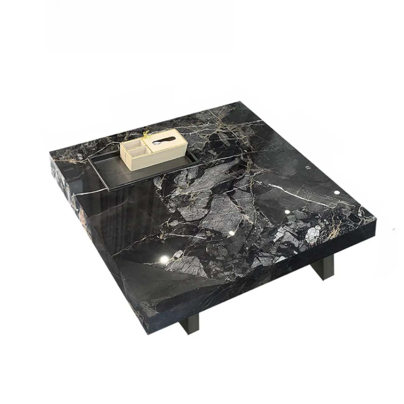Table basse carrée grise moderne avec piètement en acier inoxydable